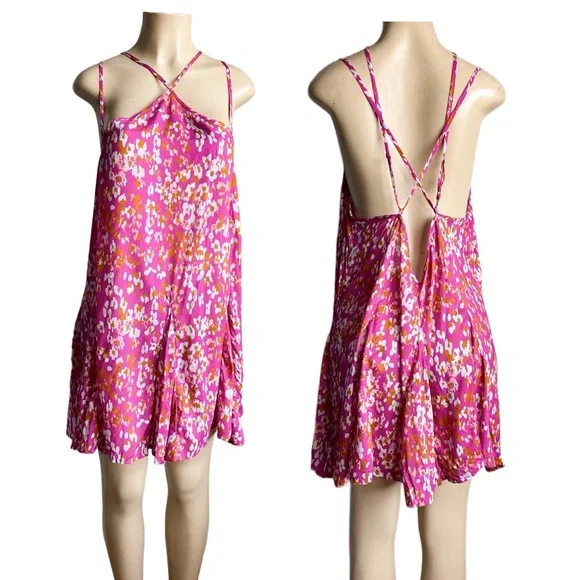 Anthropologie Pink Magenta Mini Floral Tank Dress Sundress Cocktail Halter Light - Picture 3 of 8